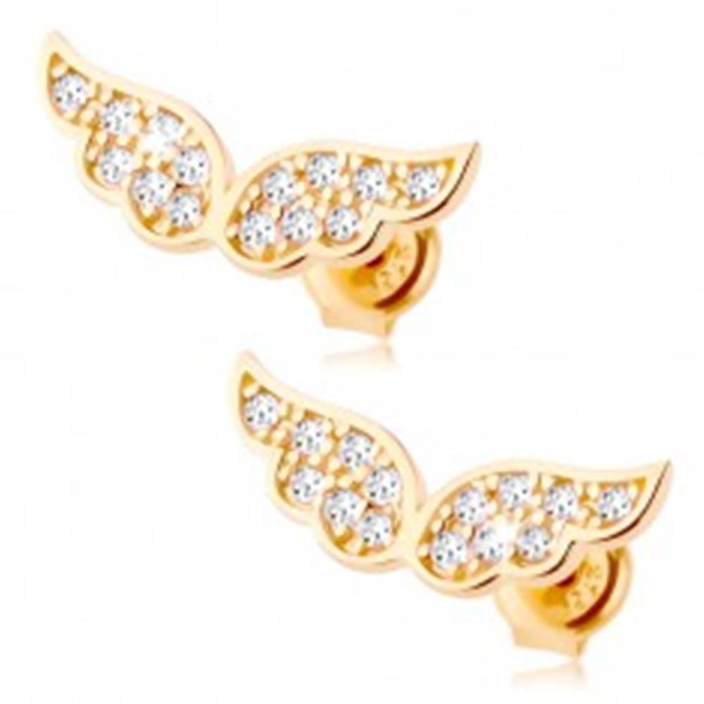 Šperky eshop Zlaté náušnice 585 - trblietavé anjelské krídla vykladané čírymi zirkónikmi