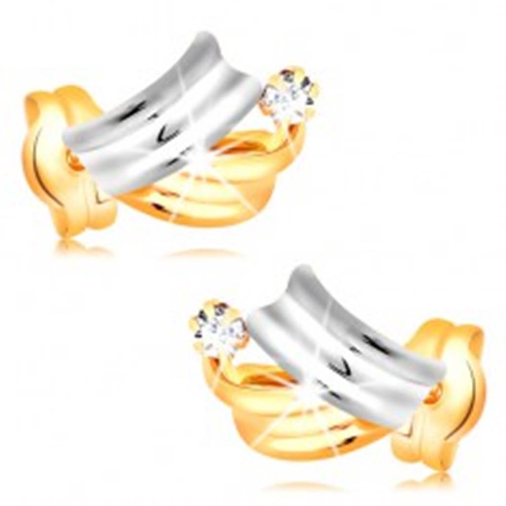 Šperky eshop Briliantové zlaté náušnice 14K - lesklé dvojfarebné oblúky, číry okrúhly diamant