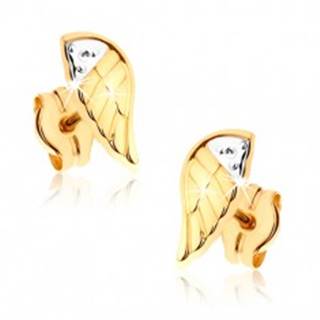 Dvojfarebné ródiované náušnice v 9K zlate - gravírované anjelské krídlo