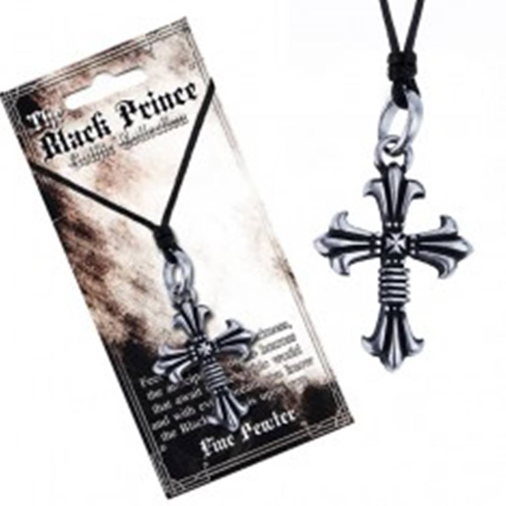 Šperky eshop Čierna šnúrka na krk a kovový prívesok, zdvojený kríž, ľaliové cípy