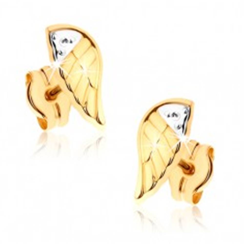 Šperky eshop Dvojfarebné ródiované náušnice v 9K zlate - gravírované anjelské krídlo