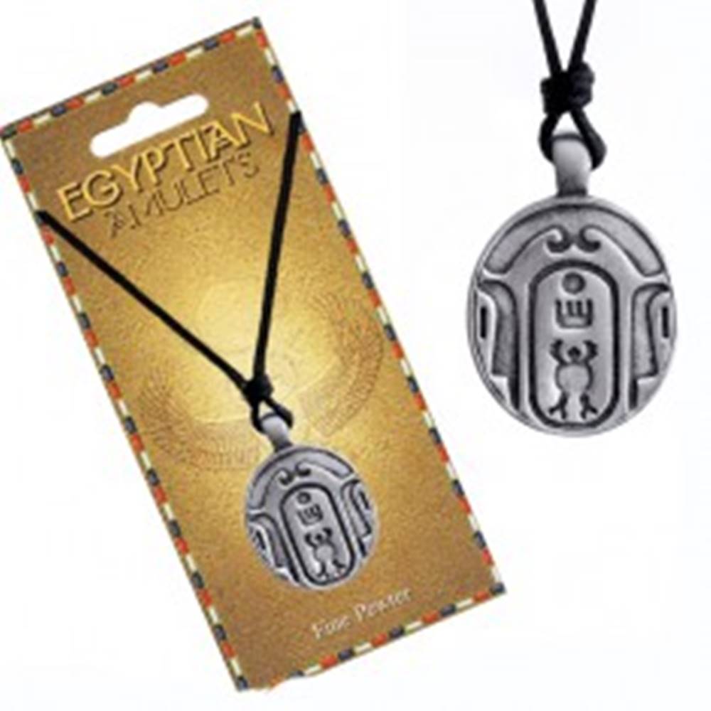 Šperky eshop Náhrdelník – čierna šnúrka, kovový prívesok, oválny egyptský amulet