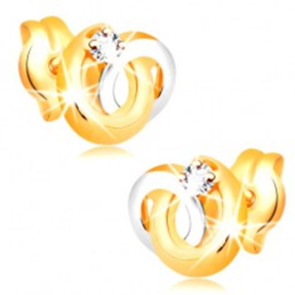 Šperky eshop Náušnice v 14K zlate - dvojfarebné prepojené prstence, žiarivý číry briliant