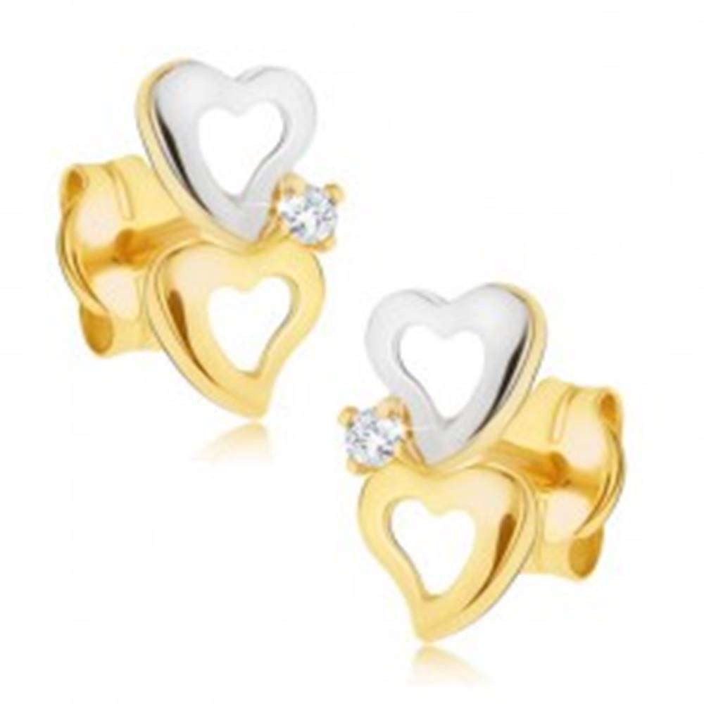 Šperky eshop Náušnice zo 14K zlata  - dvojfarebné obrysy sŕdc, ligotavý číry diamant