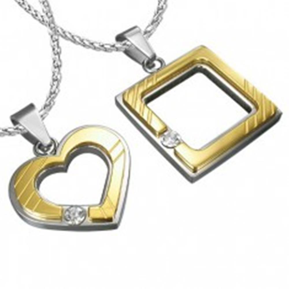 Šperky eshop Oceľový prívesok pre zamilovaných - štvorec, srdce, zirkón