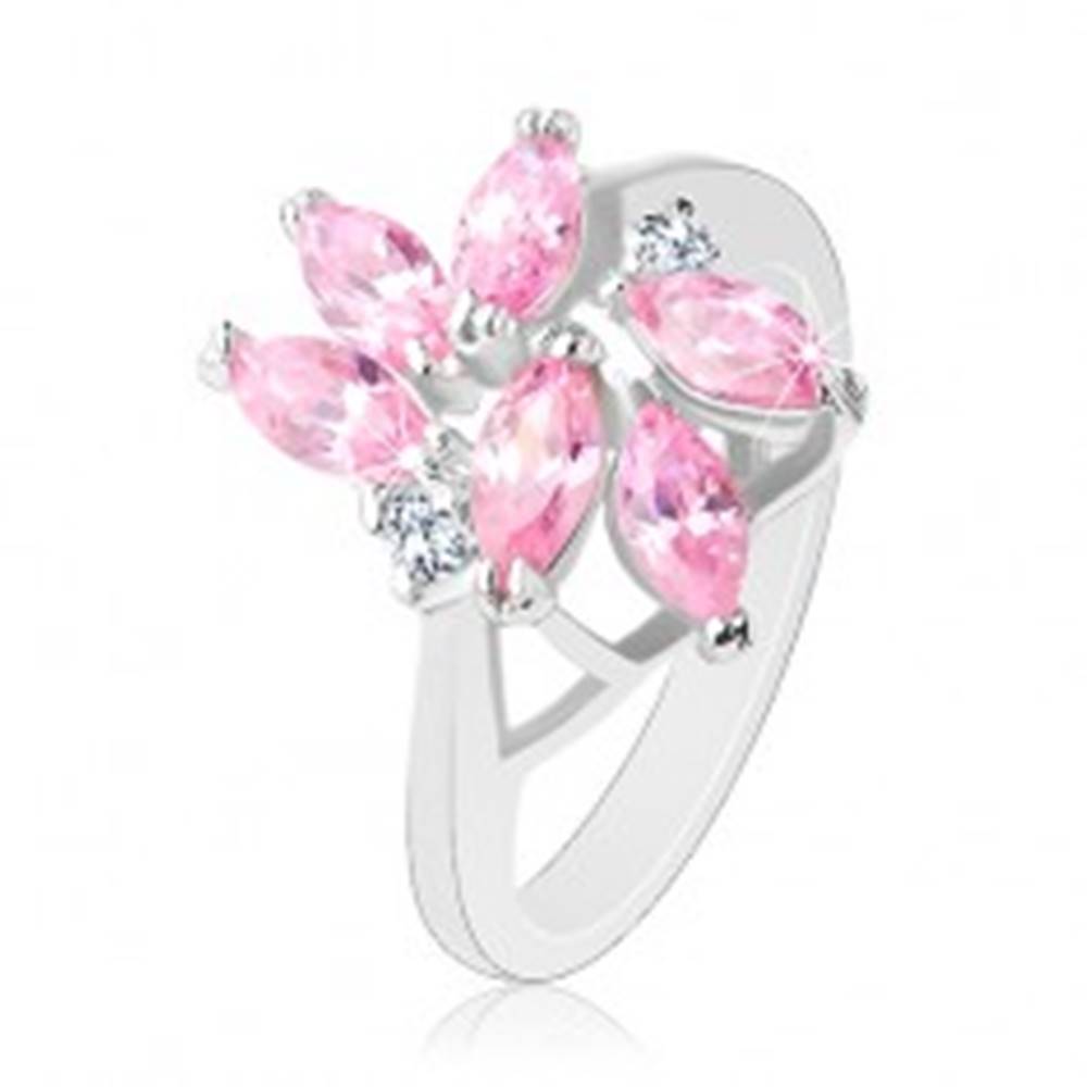 Šperky eshop Prsteň zdobený brúsenými zrnkami ružovej farby, dva okrúhle číre zirkóny - Veľkosť: 49 mm