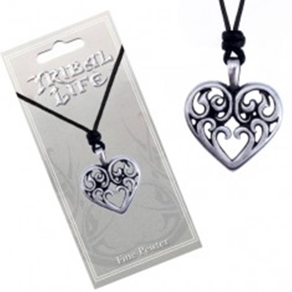 Šperky eshop Šnúrkový náhrdelník - lesklý kovový prívesok, srdce s ornamentmi