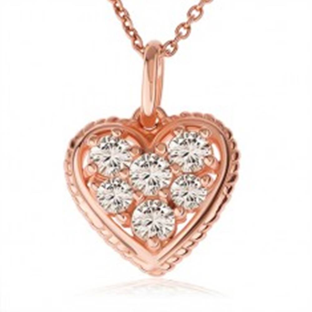 Šperky eshop Strieborný 925 náhrdelník, číre zirkónové srdce s vrúbkovaným lemom, medená farba