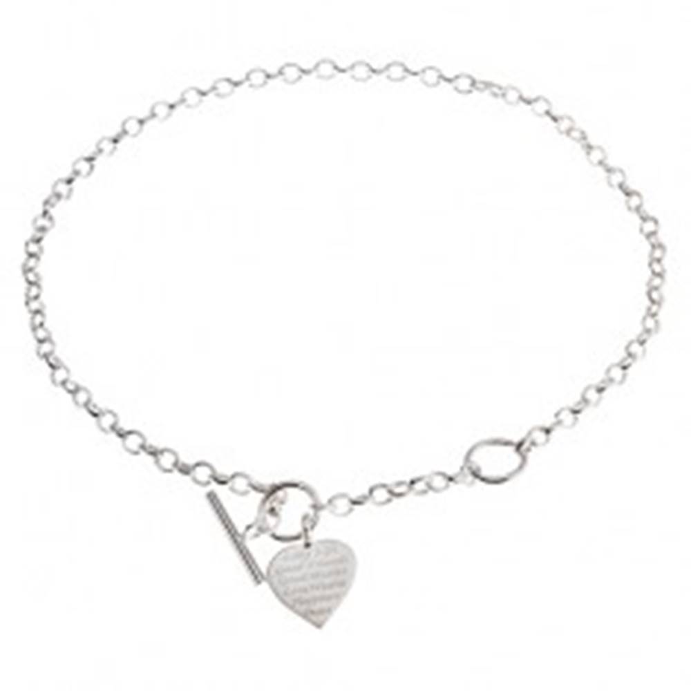 Šperky eshop Strieborný náhrdelník 925, ploché súmerné srdce s nápisom - želania