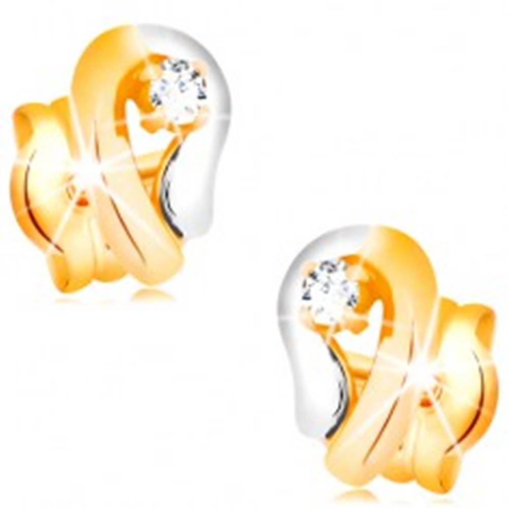 Šperky eshop Zlaté 14K náušnice, dvojfarebná kontúra kvapky so žiarivým diamantom