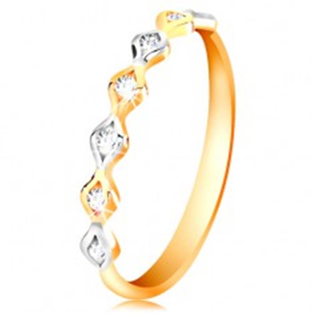 Šperky eshop Zlatý 14K prsteň - dvojfarebné zrnká so vsadenými zirkónmi, vysoký lesk - Veľkosť: 50 mm