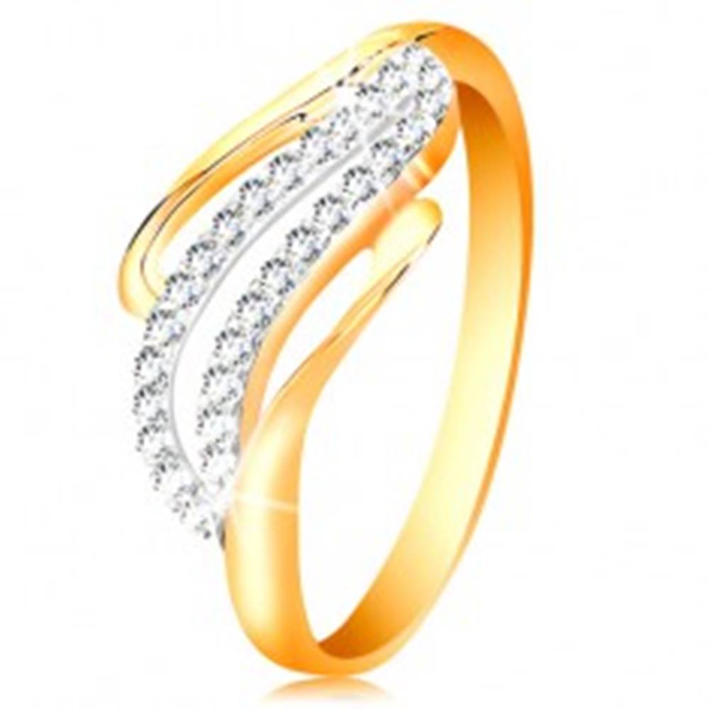 Šperky eshop Zlatý prsteň 14K - zvlnené línie ramien, ligotavé číre zirkóniky - Veľkosť: 50 mm