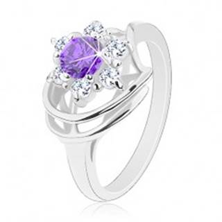Ligotavý prsteň v striebornom odtieni, okrúhly fialový zirkón, číre zirkóniky - Veľkosť: 49 mm