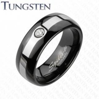 Tungstenový čierny prsteň - pás v striebornej farbe, zirkón - Veľkosť: 49 mm