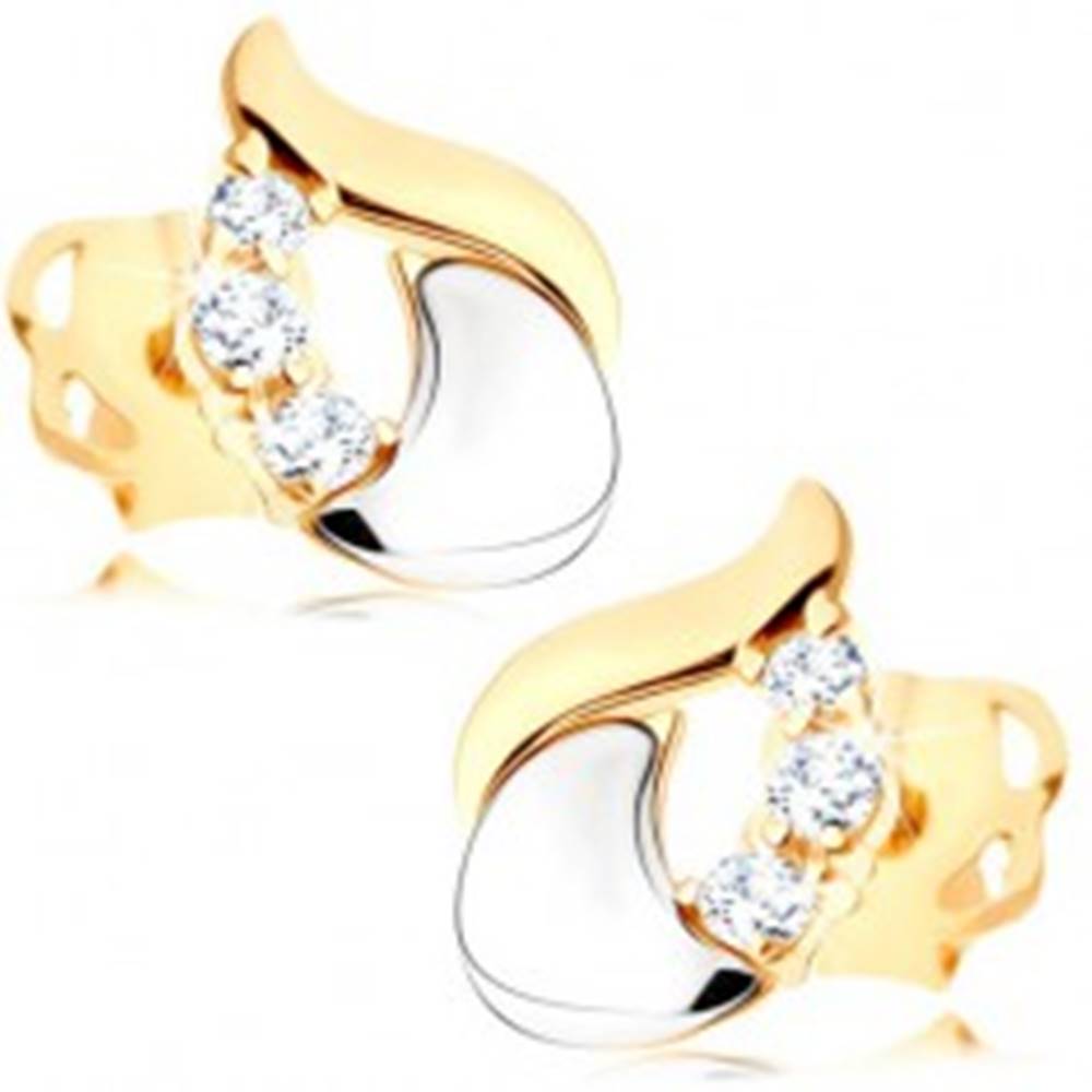 Šperky eshop Diamantové náušnice - lesklá slza zo 14K bieleho a žltého zlata, tri číre brilianty