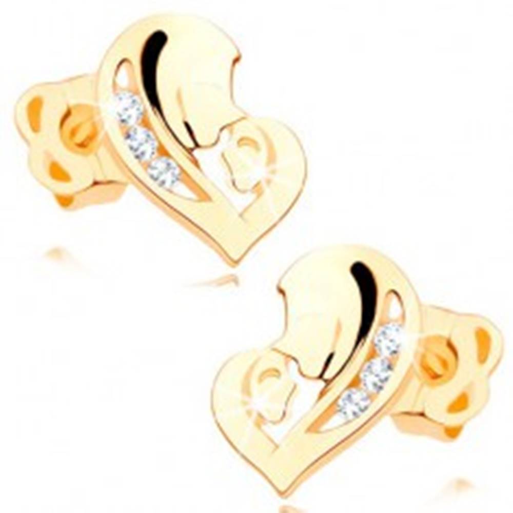 Šperky eshop Diamantové náušnice v žltom 14K zlate - srdce z dvoch tvárí, číre brilianty