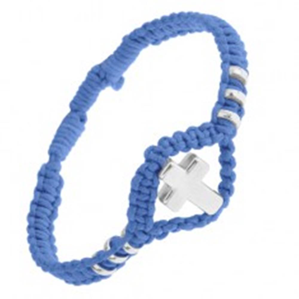 Šperky eshop Modrý pletený náramok, lesklý oceľový kríž a kolieska, nastaviteľný