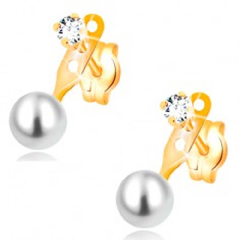 Šperky eshop Náušnice v žltom 14K zlate, číry zirkón a guľatá biela perla, puzetky