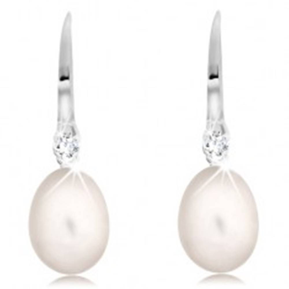 Šperky eshop Náušnice z bieleho 14K zlata - biela oválna perla a číry zirkón na háčiku