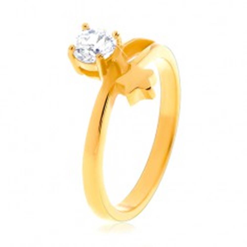 Šperky eshop Oceľový prsteň zlatej farby, hviezda a okrúhly číry zirkón - Veľkosť: 49 mm