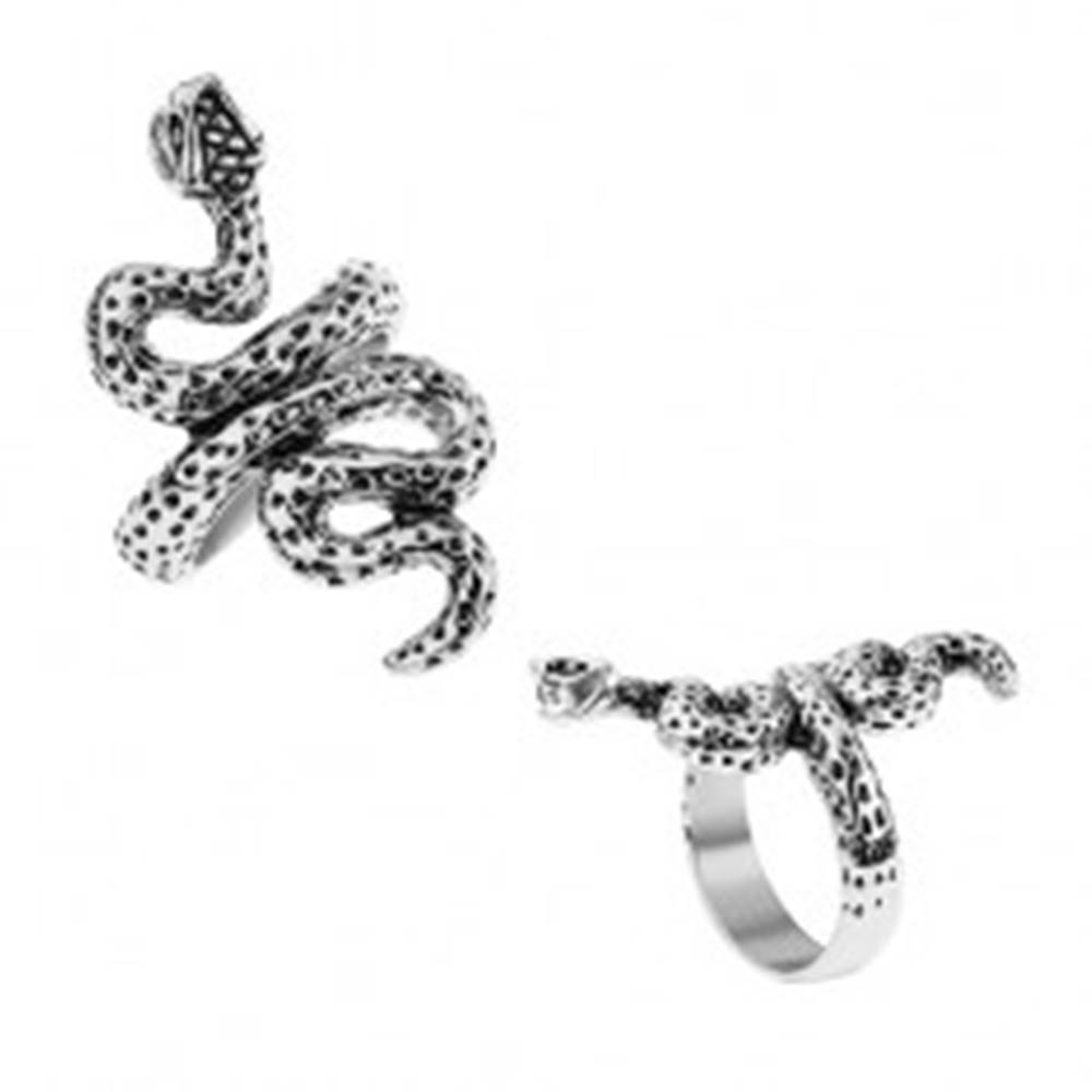Šperky eshop Patinovaný prsteň z ocele, strieborná farba, zvlnený had s bodkami - Veľkosť: 56 mm
