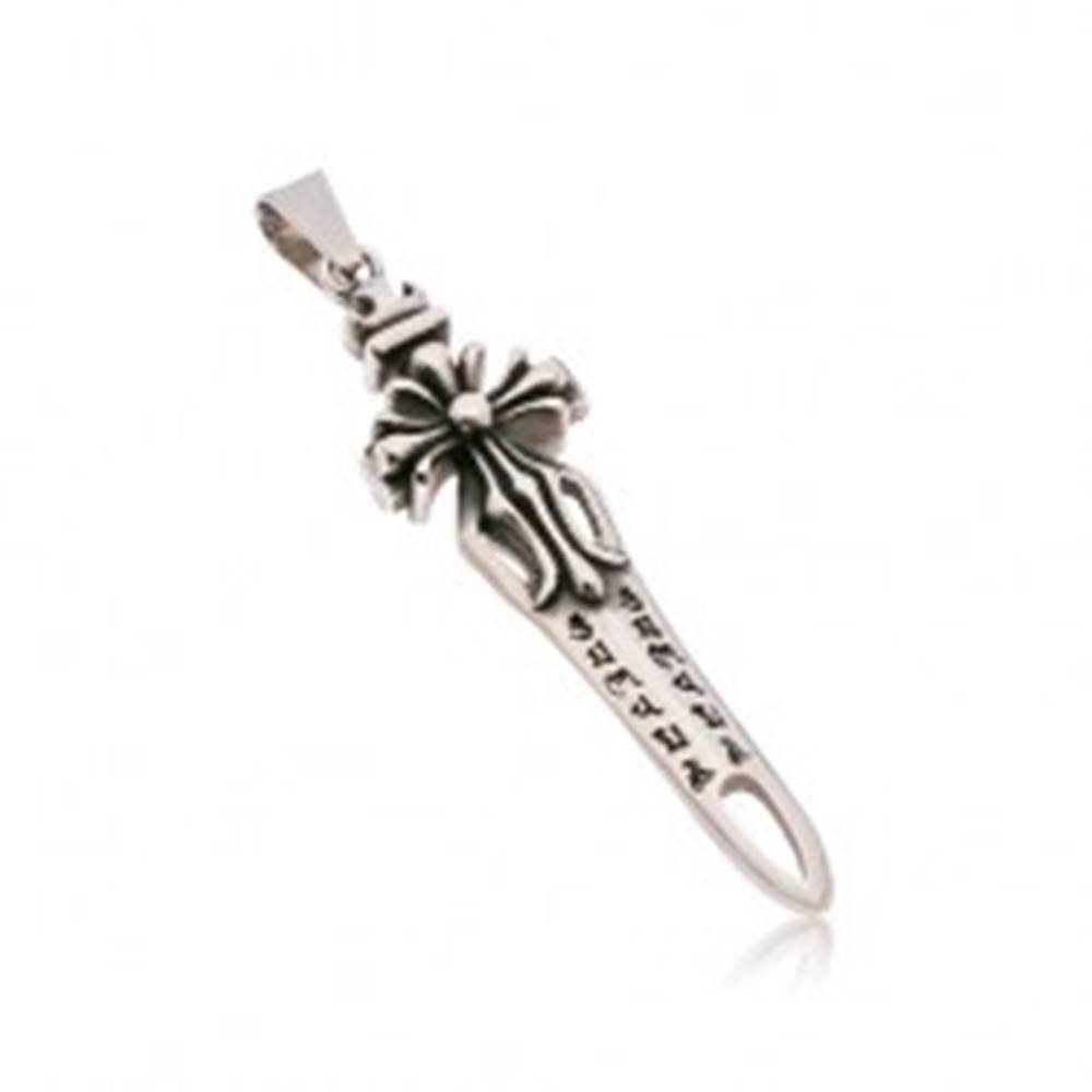 Šperky eshop Prívesok z chirurgickej ocele, patinovaný meč s výrezmi a ľaliovým krížom