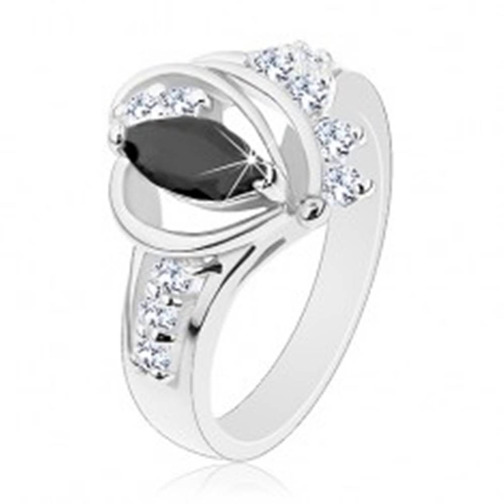 Šperky eshop Prsteň striebornej farby, čierne zirkónové zrnko, lesklé oblúky, číre zirkóniky - Veľkosť: 49 mm
