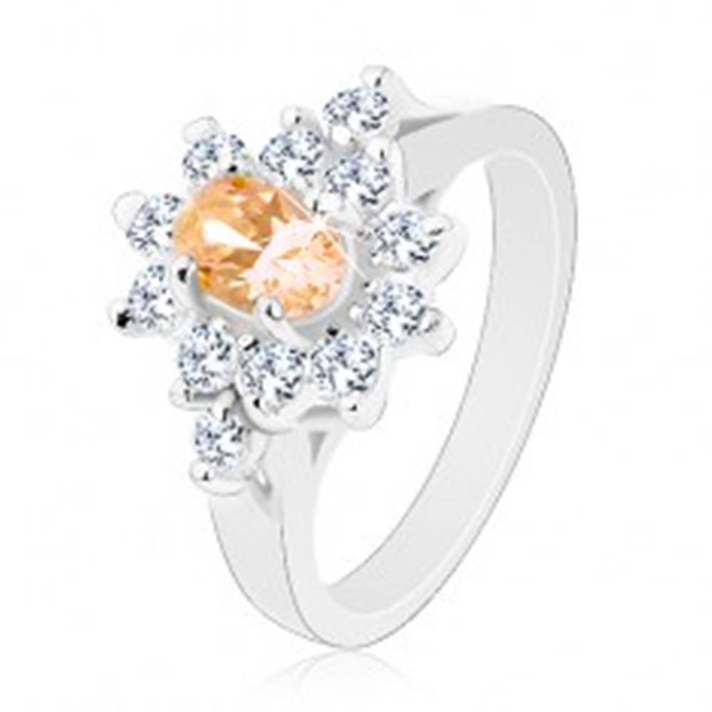 Šperky eshop Prsteň striebornej farby, svetlooranžový ovál s čírym zirkónovým lemom - Veľkosť: 49 mm