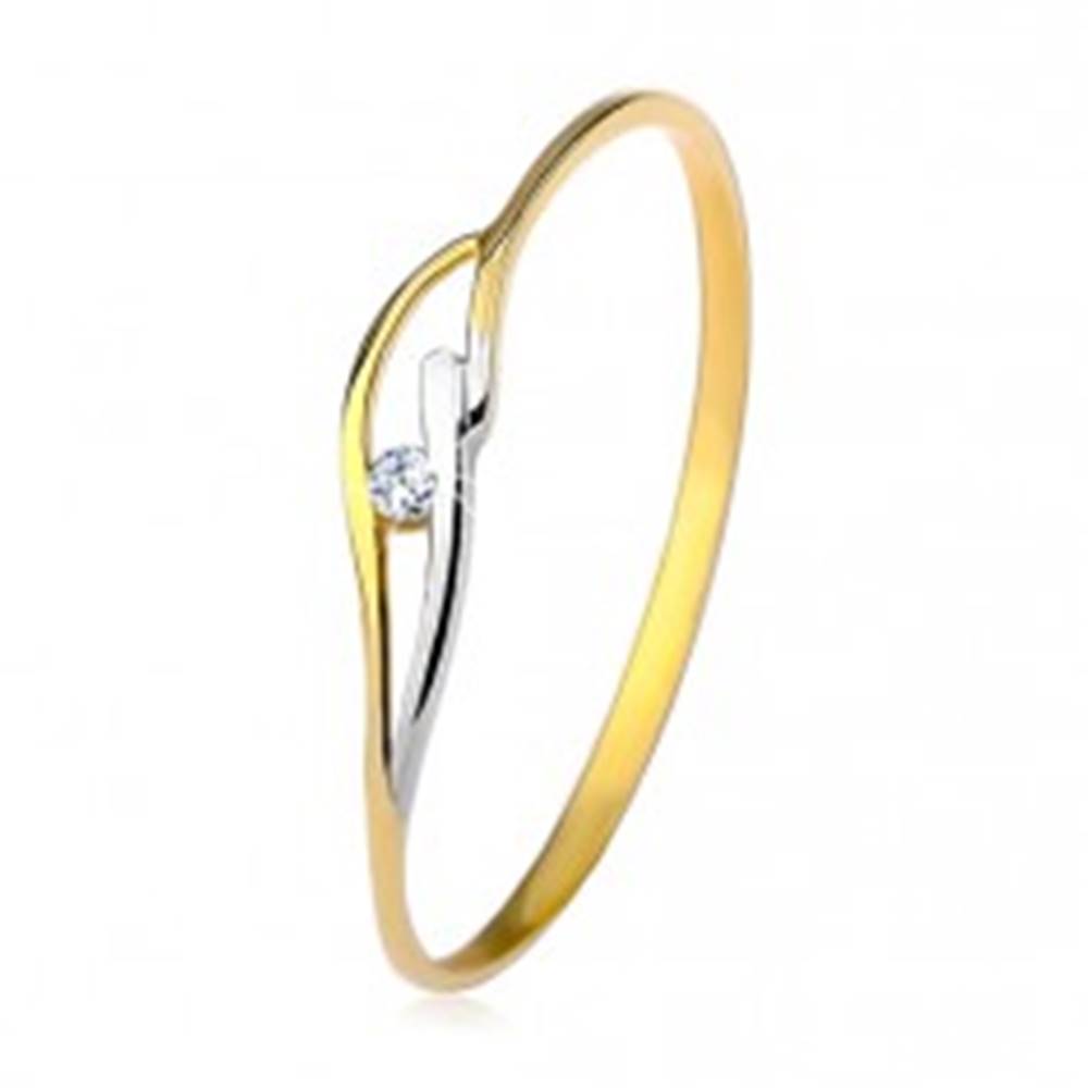 Šperky eshop Prsteň v žltom a bielom 14K zlate, úzke ramená, vlnky a zirkón čírej farby - Veľkosť: 50 mm