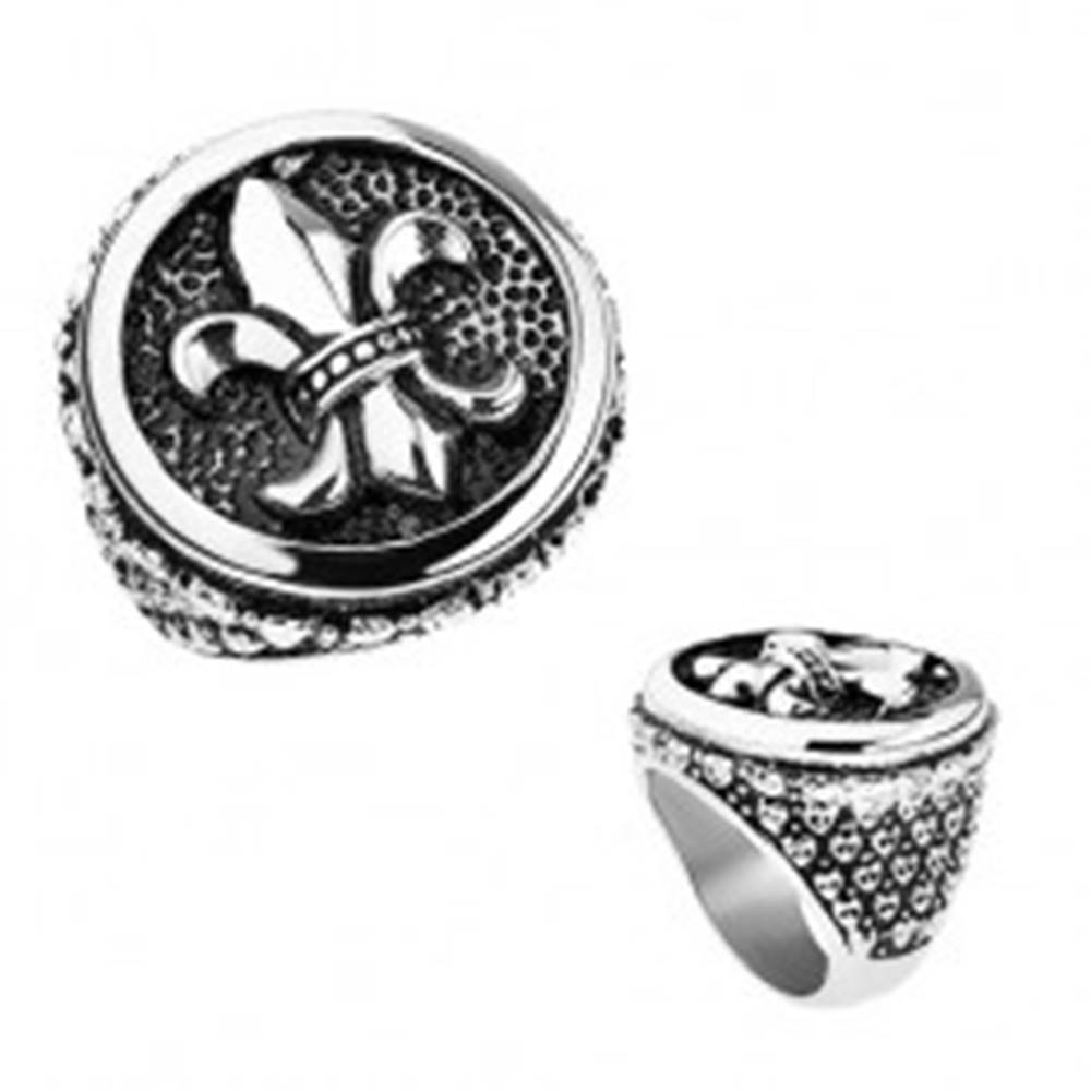 Šperky eshop Prsteň z ocele, strieborná farba, patina, Fleur de Lis v kruhu, srdiečka - Veľkosť: 56 mm