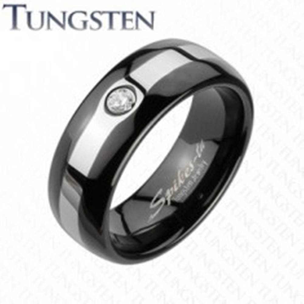 Šperky eshop Tungstenový čierny prsteň - pás v striebornej farbe, zirkón - Veľkosť: 49 mm