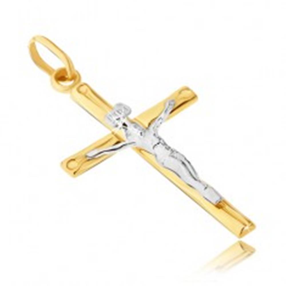 Šperky eshop Zlatý prívesok 14K - dvojfarebná kombinácia Krista na kríži s priehlbinkami