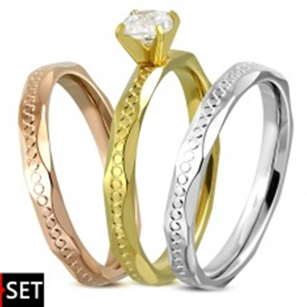 Šperky eshop Sada prsteňov z chirurgickej ocele - strieborná, medená a zlatá farba, zirkón - Veľkosť: 52 mm