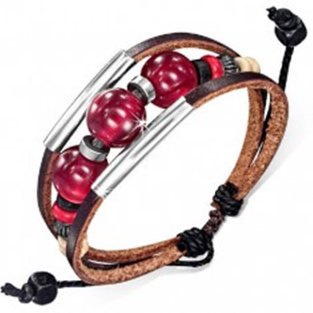 Šperky eshop Multináramok - dva čokoládové pásy kože, šnúrka, rúrky, bordové guličky
