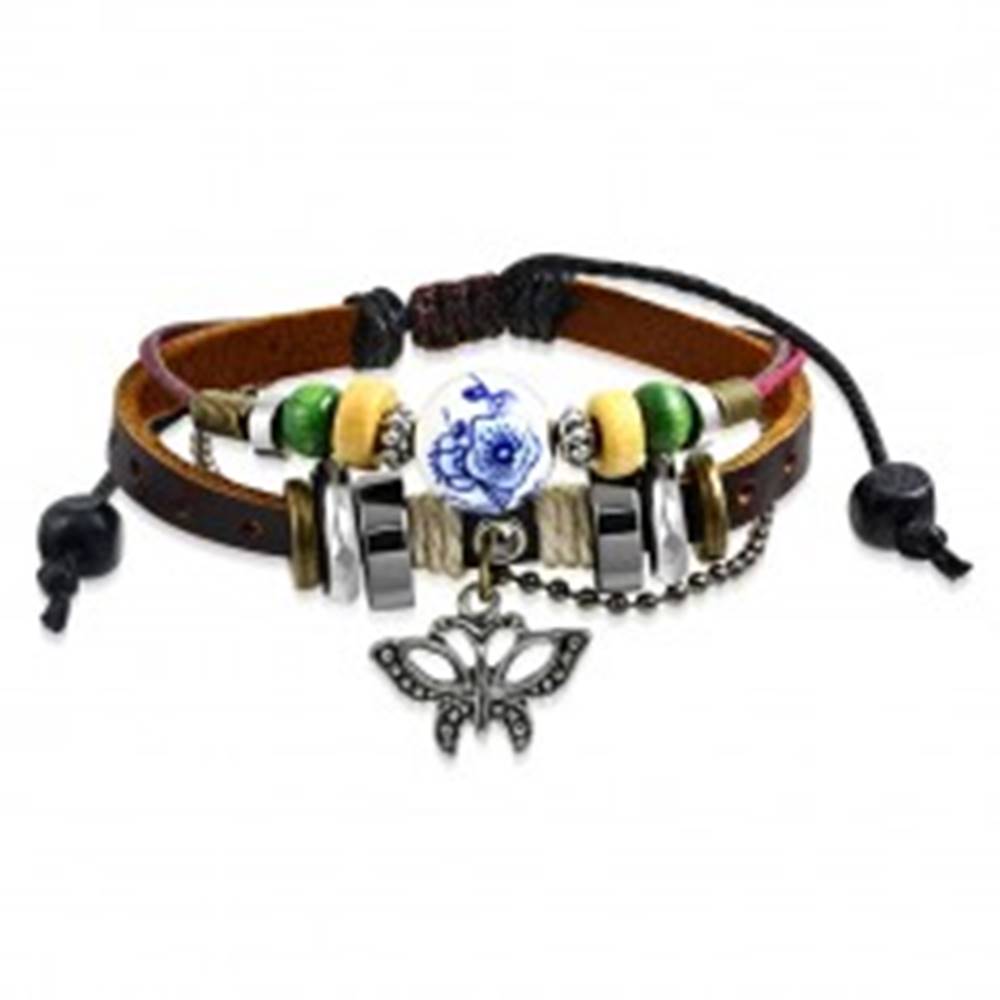 Šperky eshop Nastaviteľný multinarámok - kožený pás, prívesok v tvare motýľa, šnúrky, korálky