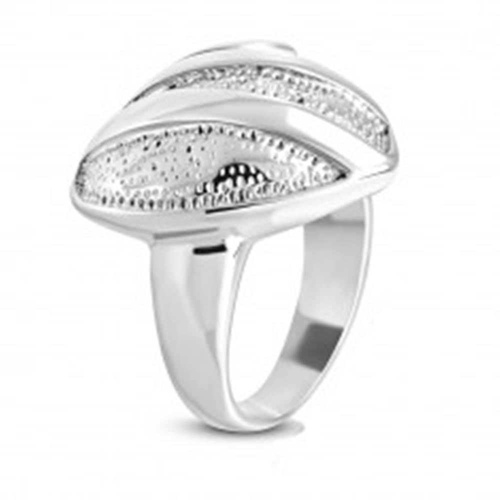 Šperky eshop Oceľový prsteň - symetrické srdce s drobnými zárezmi, lesklé pásy a špirála - Veľkosť: 51 mm