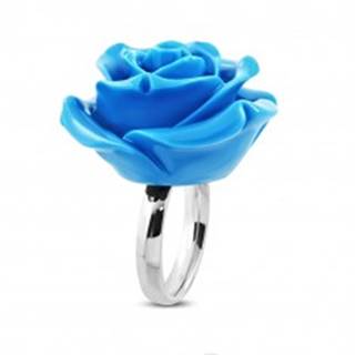 Prsteň z chirurgickej ocele - ruža v rozkvete, lesklá modrá živica - Veľkosť: 49 mm