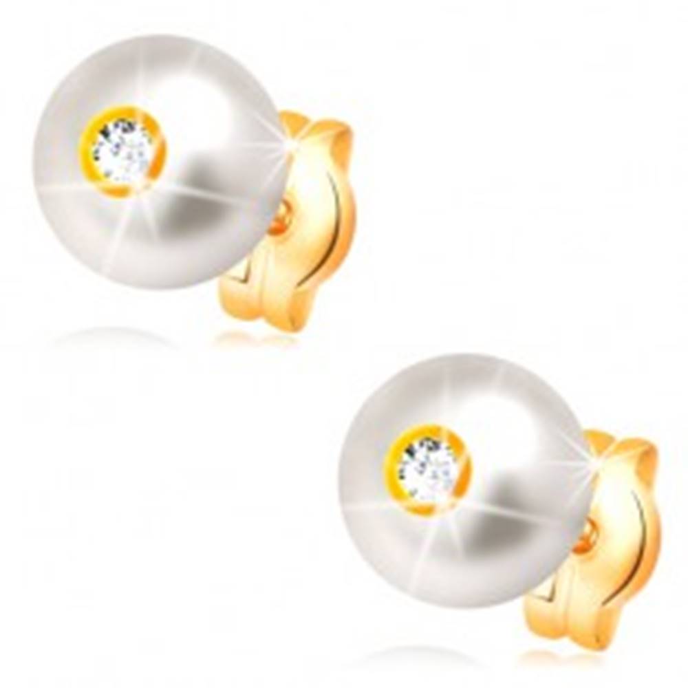 Šperky eshop Zlaté 14K náušnice - smotanovo biela perla s ligotavým čírym zirkónom, 6 mm