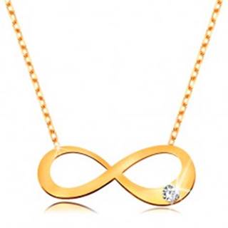 Zlatý 14K náhrdelník - plochý symbol nekonečna s čírym briliantom, ligotavá retiazka