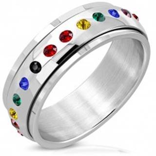 Lesklý oceľový prsteň - otáčavý stred, zirkóny vo farbách dúhy - Veľkosť: 52 mm