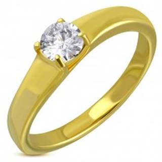 Oceľový prsteň zlatej farby, vystúpený okrúhly číry zirkón - Veľkosť: 49 mm