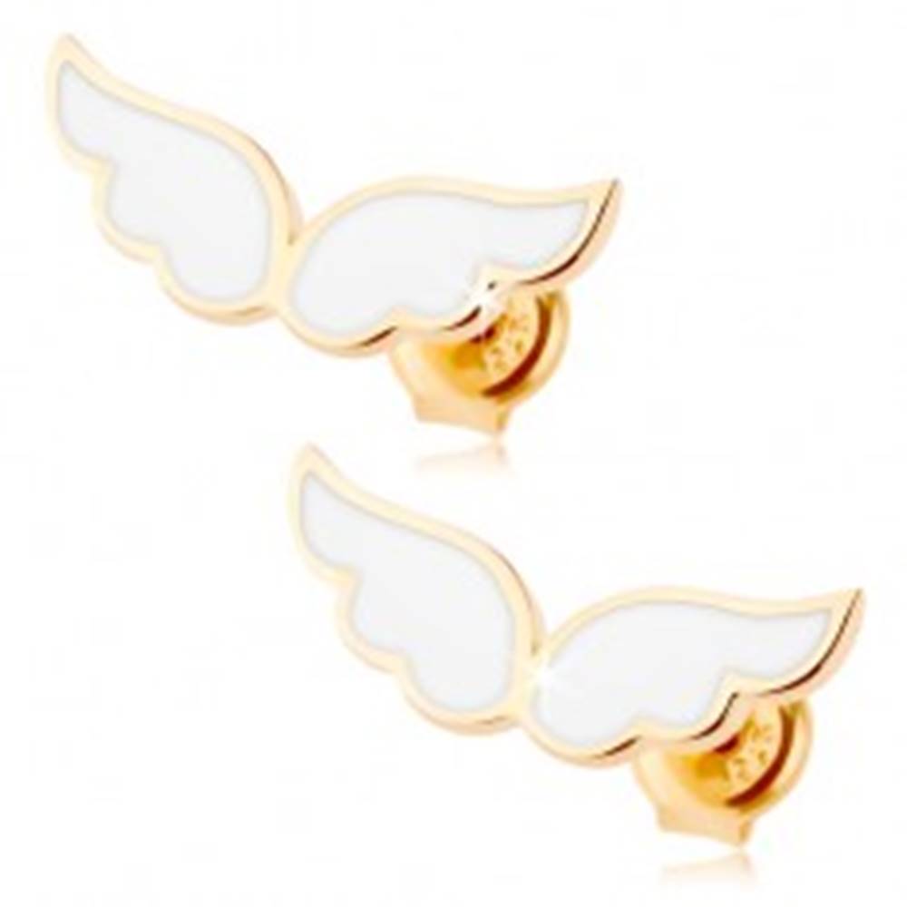 Šperky eshop Zlaté náušnice 375 - anjelské krídla zdobené bielou glazúrou, puzetky
