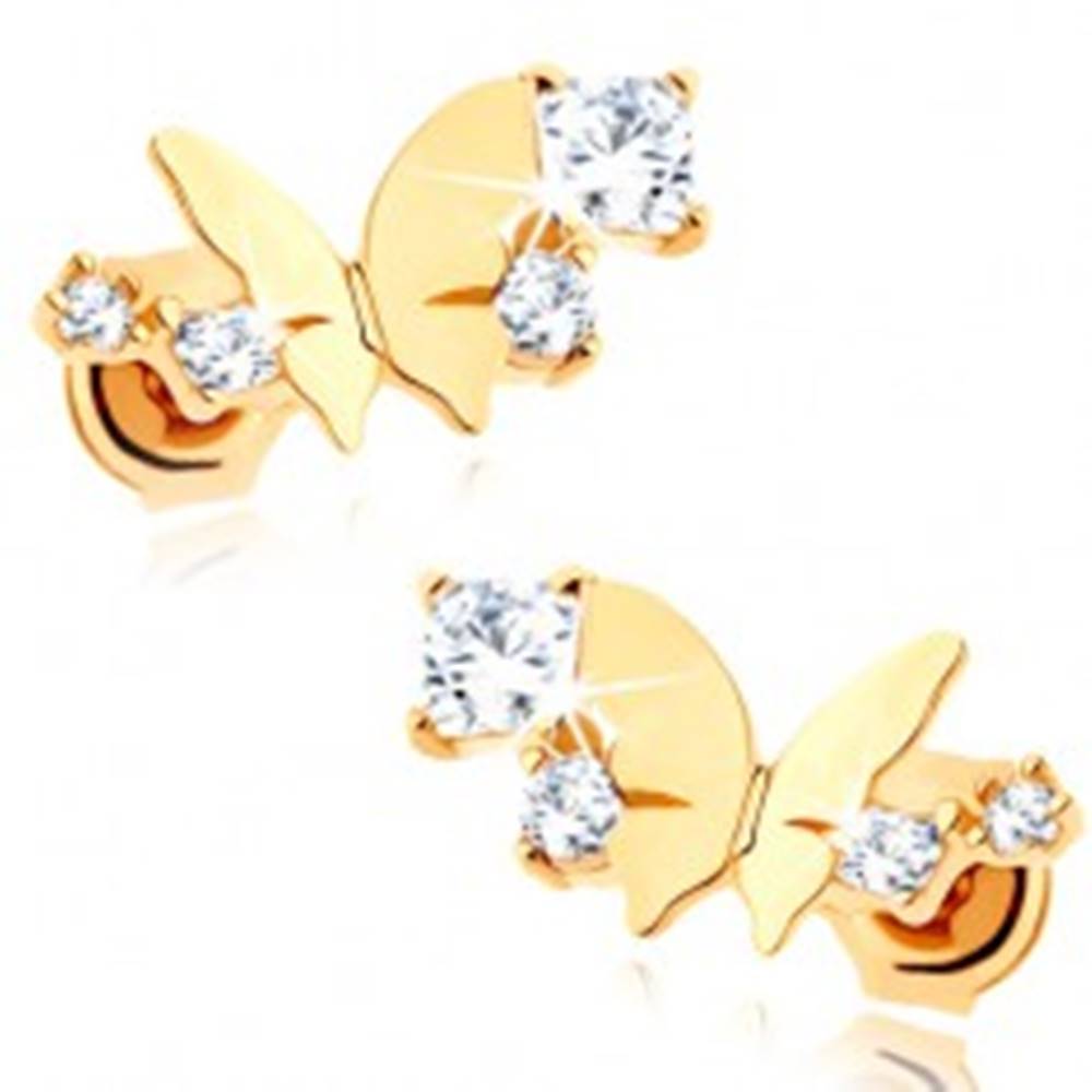 Šperky eshop Zlaté náušnice 585 - lesklý malý motýľ, oblúk z čírych trblietavých zirkónov