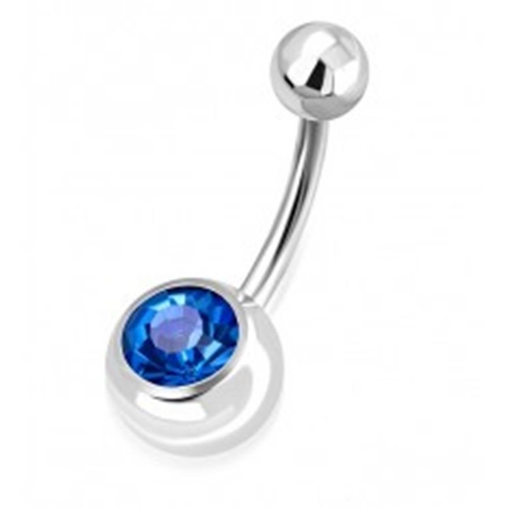 Šperky eshop Oceľový piercing do pupku - lesklá guľôčka, gulička s ligotavým modrým zirkónom