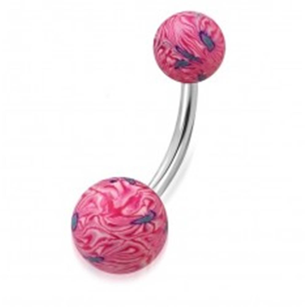 Šperky eshop Piercing do pupku - ružovo-biele guličky FIMO s abstraktným motívom