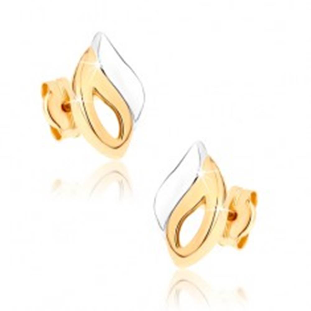 Šperky eshop Zlaté náušnice 375 - zahnutý slzičkový obrys a vlnka, dvojfarebné prevedenie