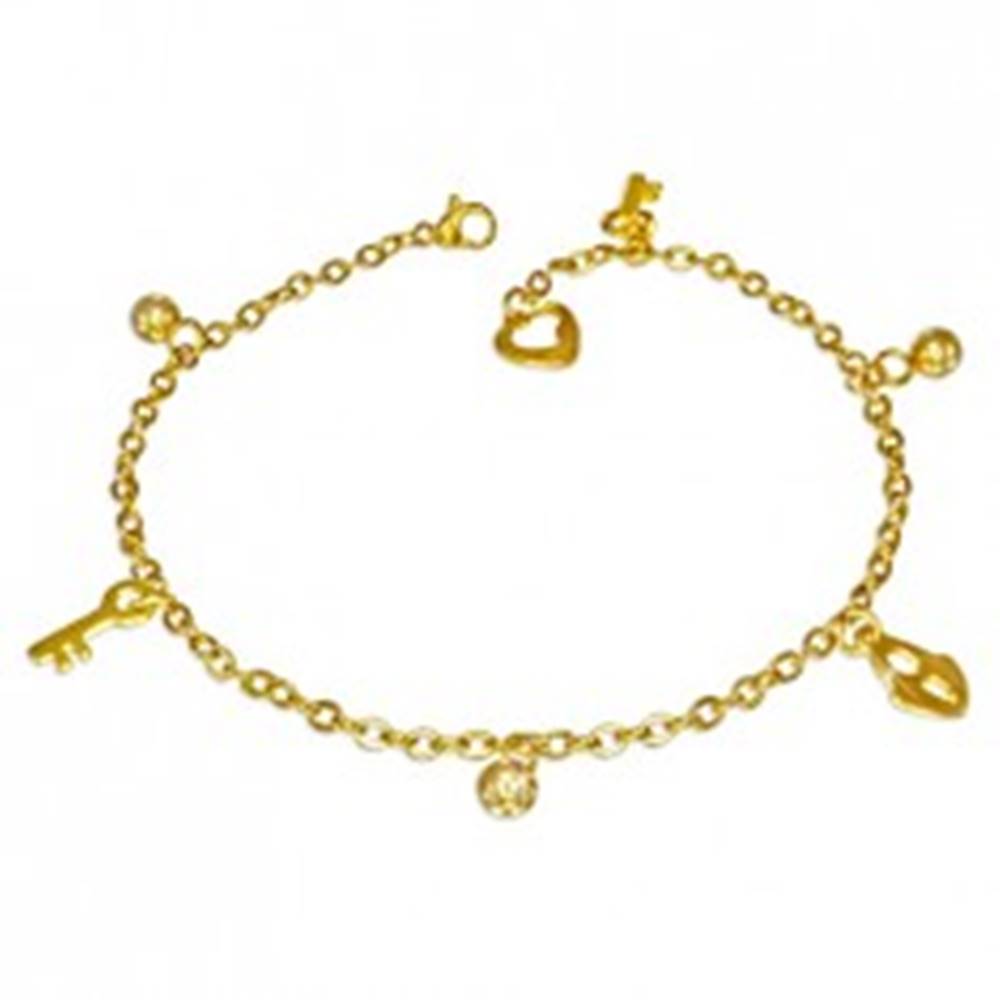 Šperky eshop Oceľový náramok v zlatom farebnom odtieni - guľôčky, zámok a kľúčik