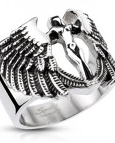 Mohutný oceľový prsteň - postava anjela s krídlami, patinovaný - Veľkosť: 59 mm