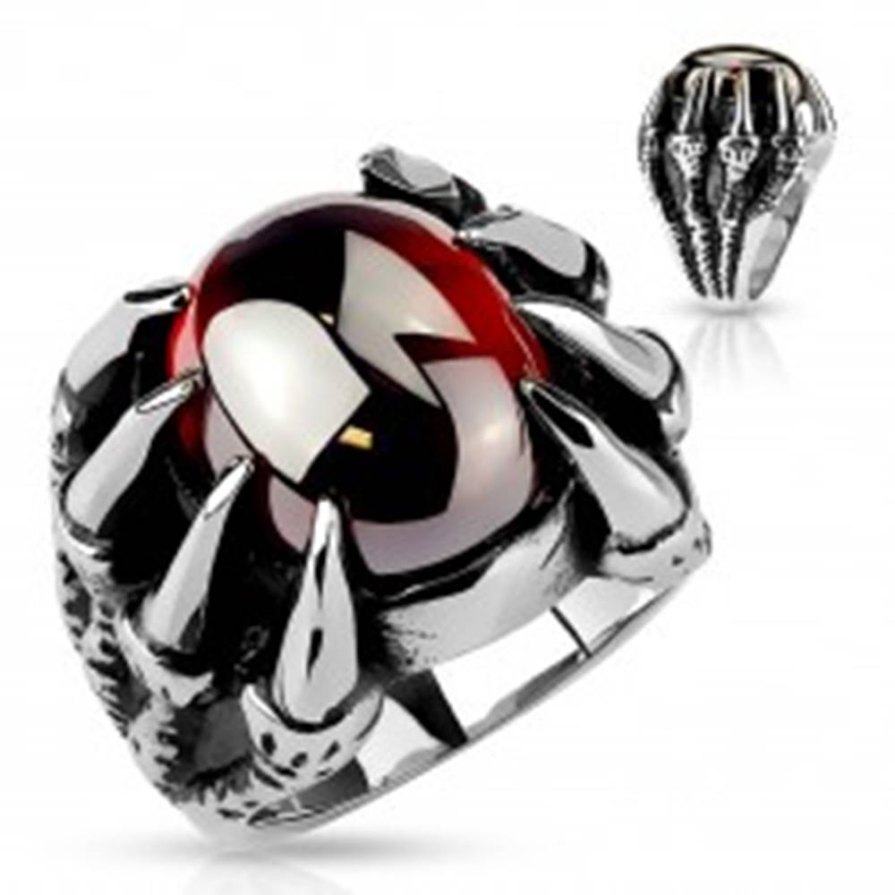 Šperky eshop Mohutný prsteň z ocele 316L, oválny tmavočervený zirkón v pazúroch - Veľkosť: 60 mm