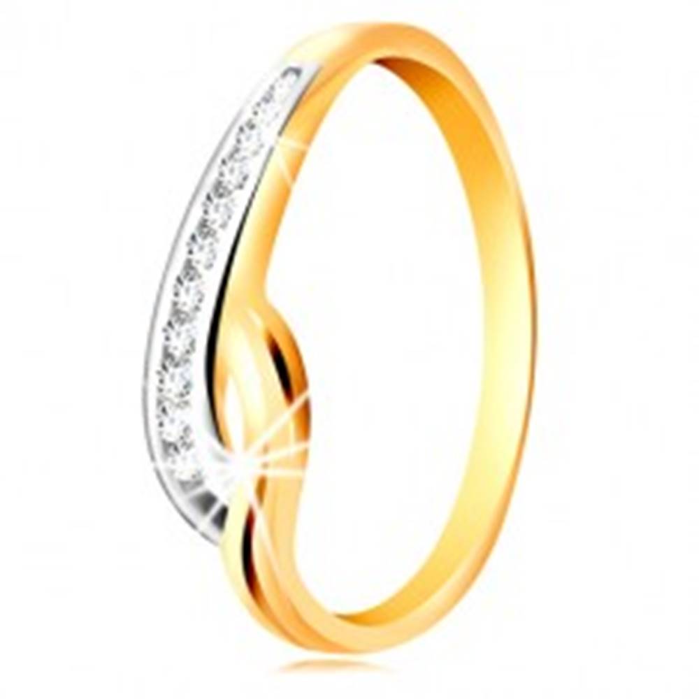 Šperky eshop Prsteň v 14K zlate - dvojfarebné zvlnené ramená, línia čírych zirkónov a zárez - Veľkosť: 49 mm
